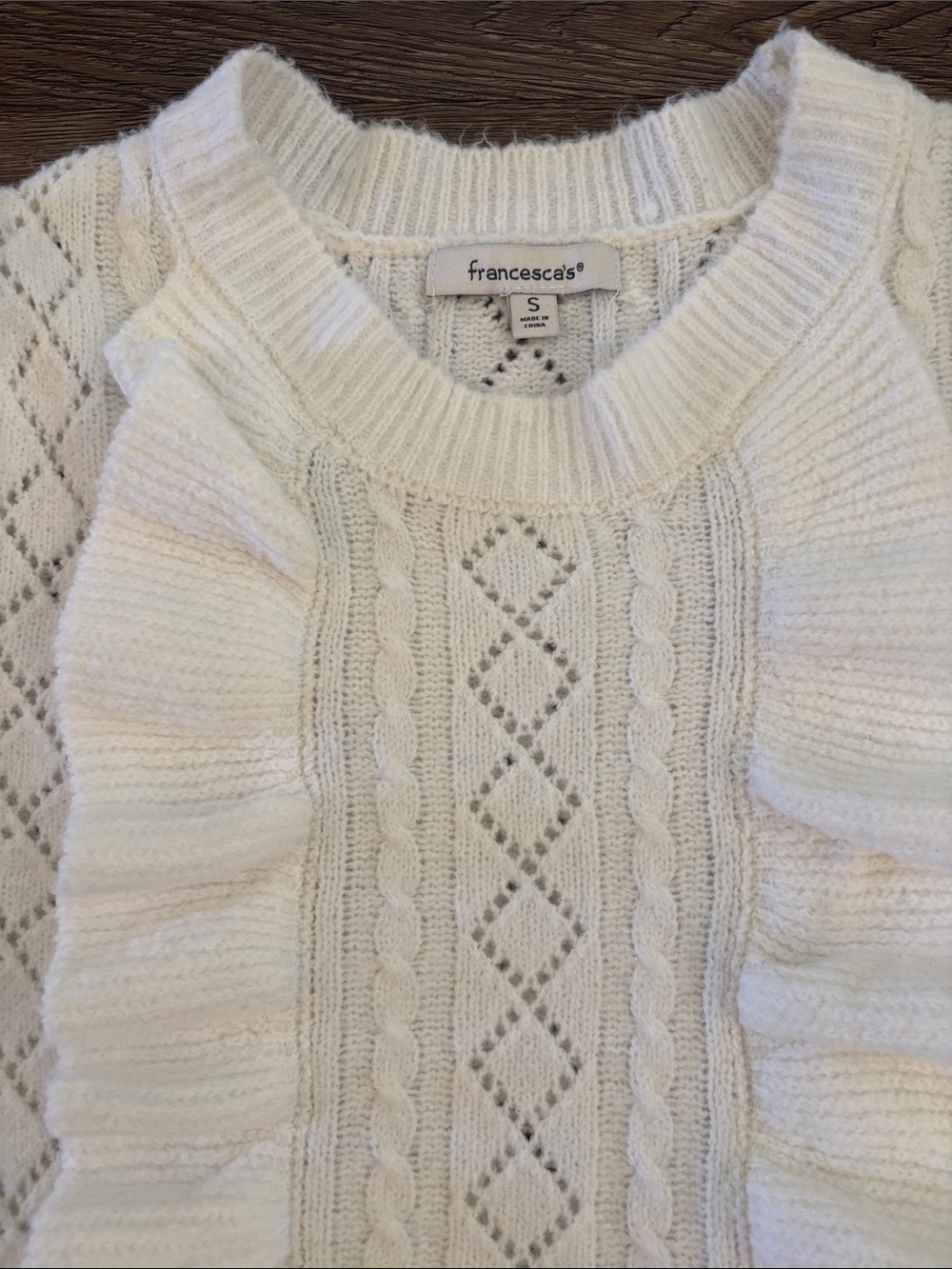 Francesca's Collections white Ruffled Cable-Knit Sweater - Picture 2 of 4